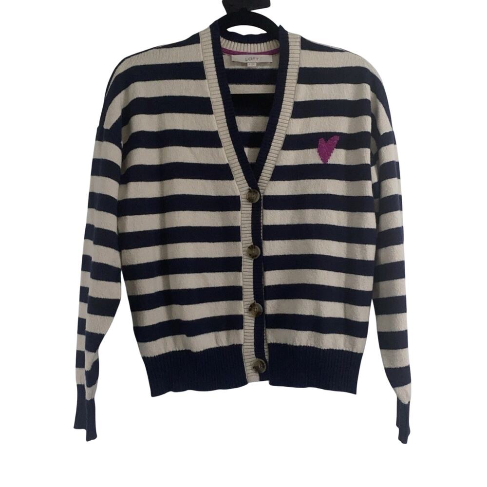 LOFT Women's Pink Heart V-Neck Cardigan S Navy/Ivory Stripe